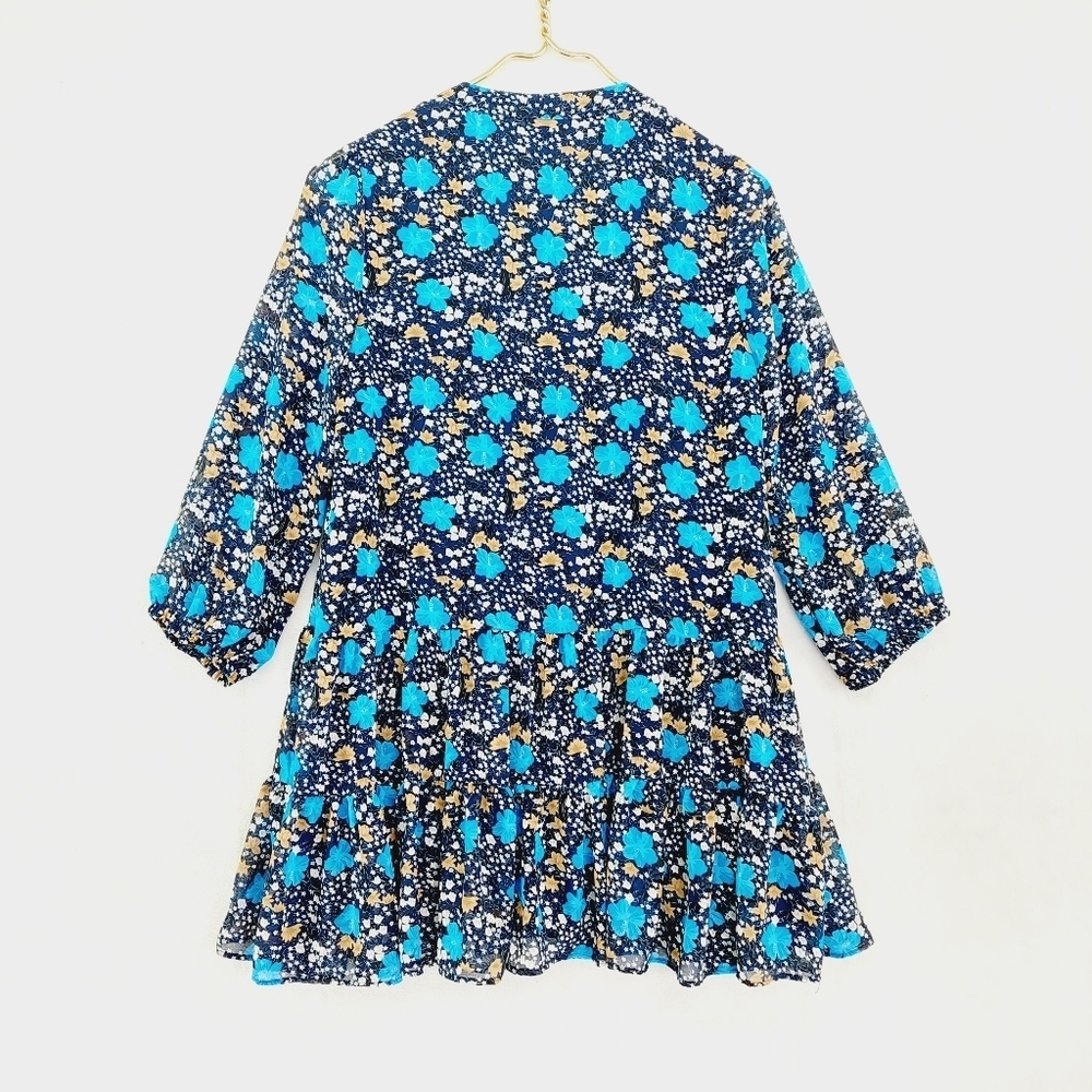 Melloday Blue Floral Tiered Tunic V-Neck Puff Sleeve Top Mini Dress P4665 - Picture 5 of 8